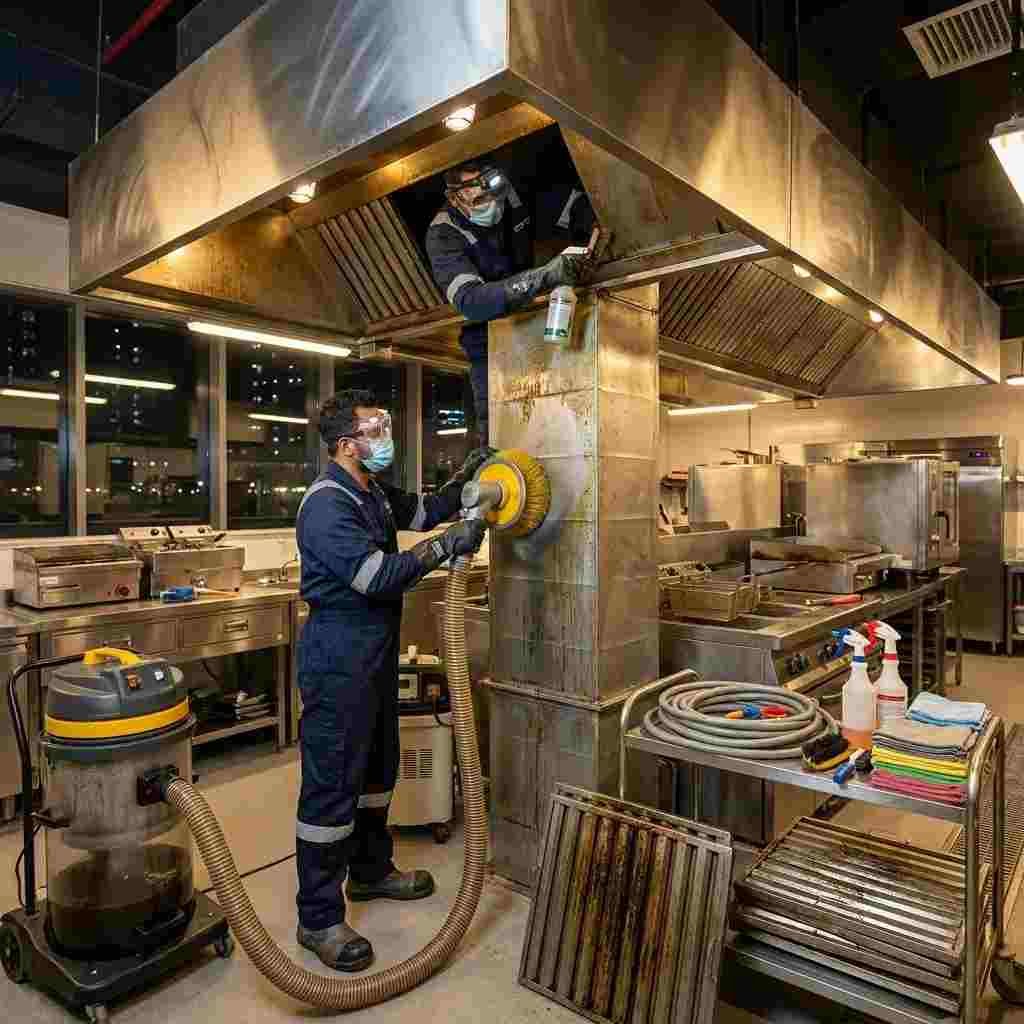 Professional technicians deep cleaning a commercial cloud kitchen exhaust system in Business Bay Dubai