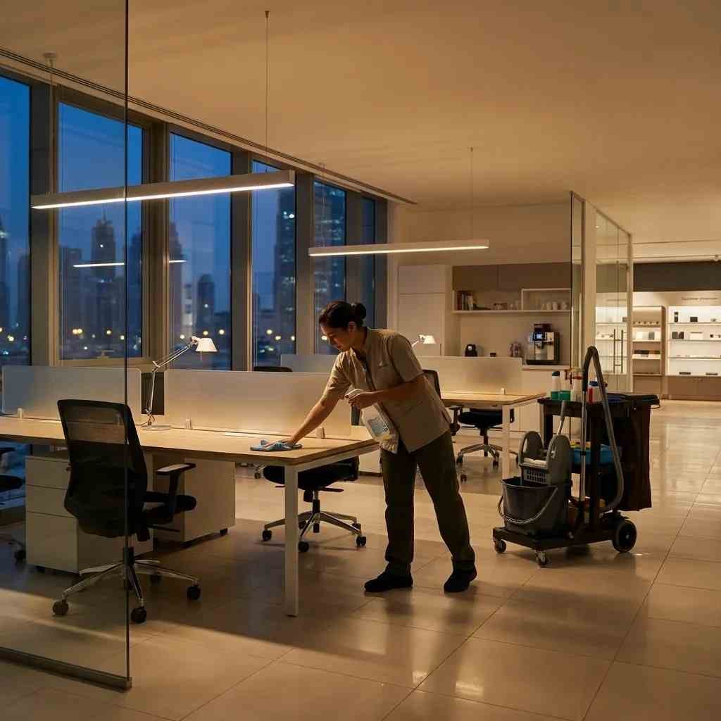 Professional cleaner cleaning office workstations near DIFC Dubai