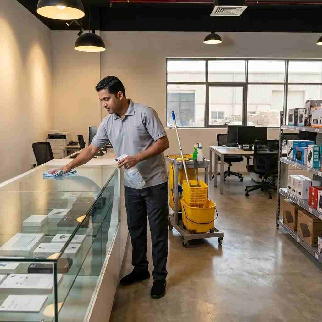 Professional cleaner cleaning an office and retail space in Al Quoz Dubai
