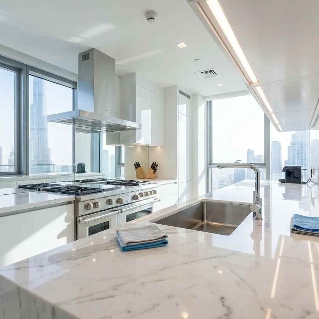 Professional kitchen cleaner deep cleaning a modern Dubai kitchen with degreasing equipment