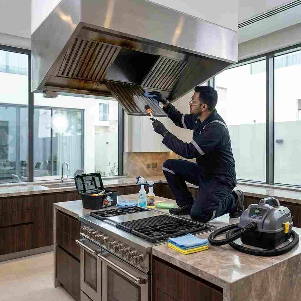 Professional cleaner deep cleaning a residential kitchen range hood in a Dubai villa