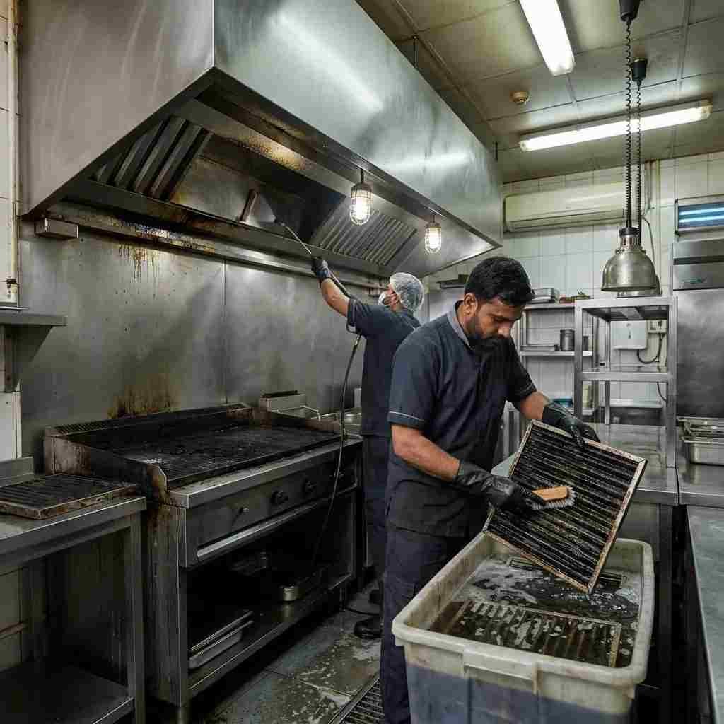 Professional cleaners deep cleaning a restaurant exhaust hood and greasy kitchen filters in Deira Dubai