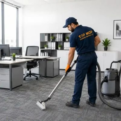 Top Mop Cleaning Services technician providing professional apartment and office carpet cleaning services in Abu Dhabi using commercial cleaning equipment.