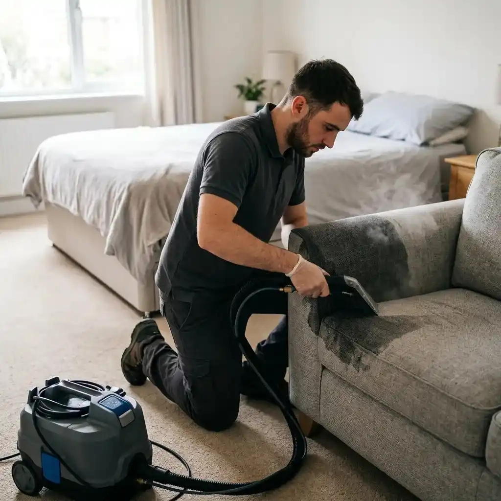 Professional carpet, sofa and mattress cleaning service in Ras Al Khaimah using deep extraction equipment to remove dirt, stains and allergens from residential upholstery.