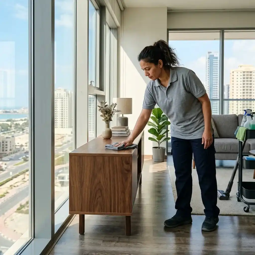Professional cleaning services in Ajman with a cleaner dusting furniture inside a modern apartment, providing residential home cleaning for apartments and villas.