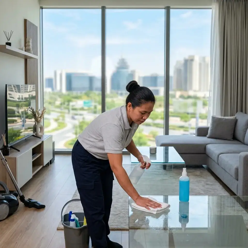 Professional cleaning service in Dubai Silicon Oasis with a cleaner wiping a glass coffee table in a modern apartment.