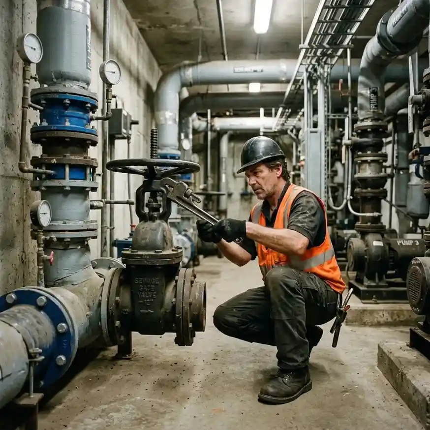 Top Mop Cleaning Services technician inspecting and maintaining a commercial building sewage system and pipeline in Dubai.