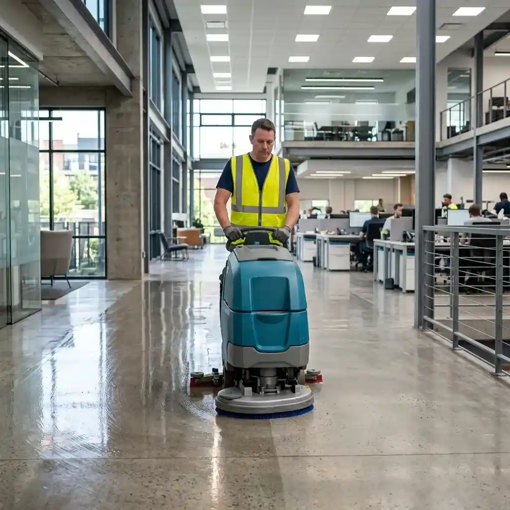 Commercial, office and industrial cleaning service in Dubai Silicon Oasis with a professional cleaner operating a floor scrubber in a modern office.