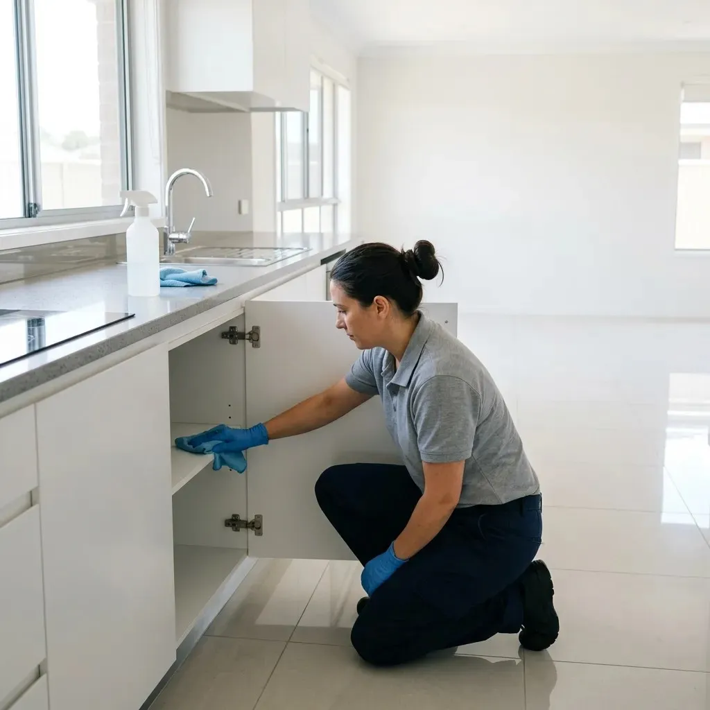 Deep cleaning and move-in move-out sanitation service in Dubai Silicon Oasis with a cleaner sanitizing kitchen cabinets.