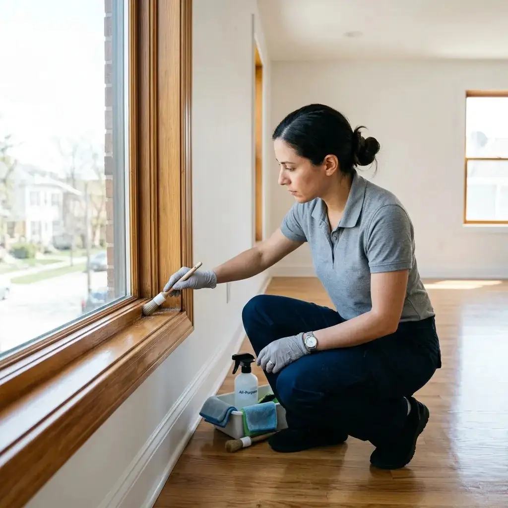 Professional deep cleaning and move-out cleaning service in Al Ain with a cleaner detailing window frames and interior surfaces before property handover.