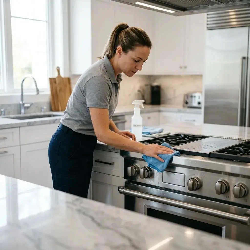 Professional deep cleaning service in Ajman cleaning a modern kitchen with detailed sanitization of countertops, appliances, and cooking surfaces.