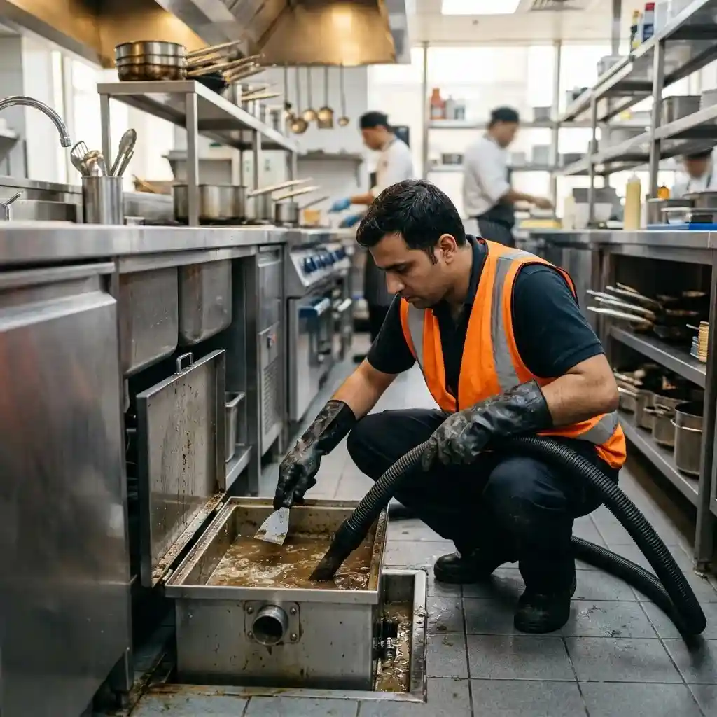 Professional grease trap cleaning service in a Dubai commercial kitchen