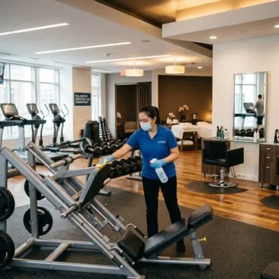 Top Mop Cleaning Services professional sanitizing gym equipment and fitness facilities during commercial cleaning in Dubai.