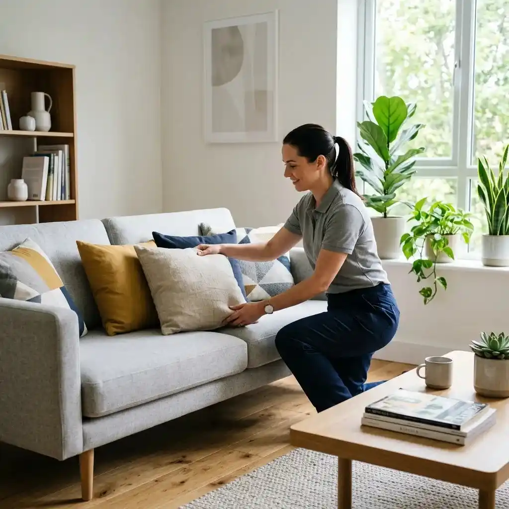 Professional home and house cleaning service in Ajman with a cleaner arranging sofa cushions in a clean residential living room.