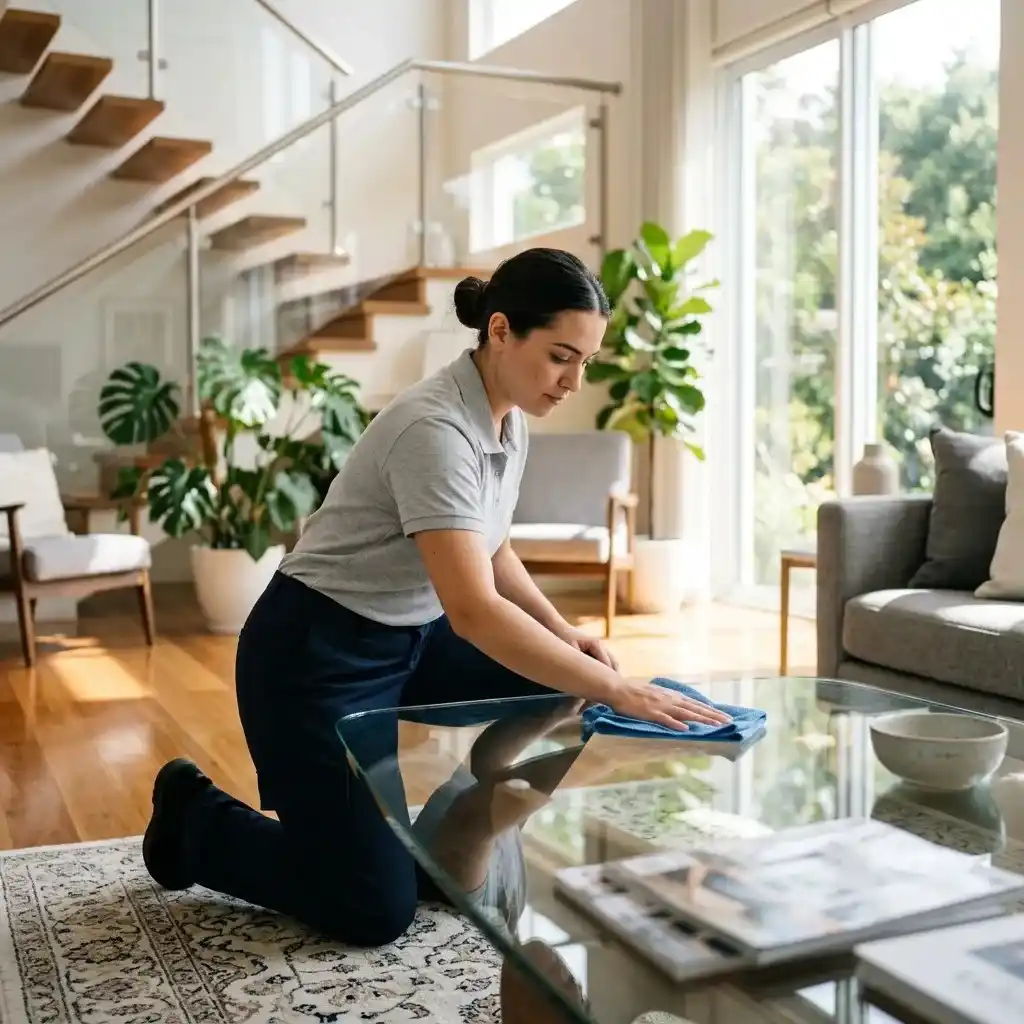 Professional home, villa, and apartment cleaning service in Ras Al Khaimah with a cleaner sanitizing a glass table in a modern living room.