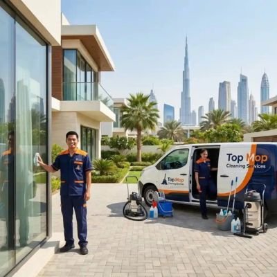 Top Mop Cleaning Services team providing professional home and villa cleaning services at a residential property in Al Reef, Abu Dhabi.