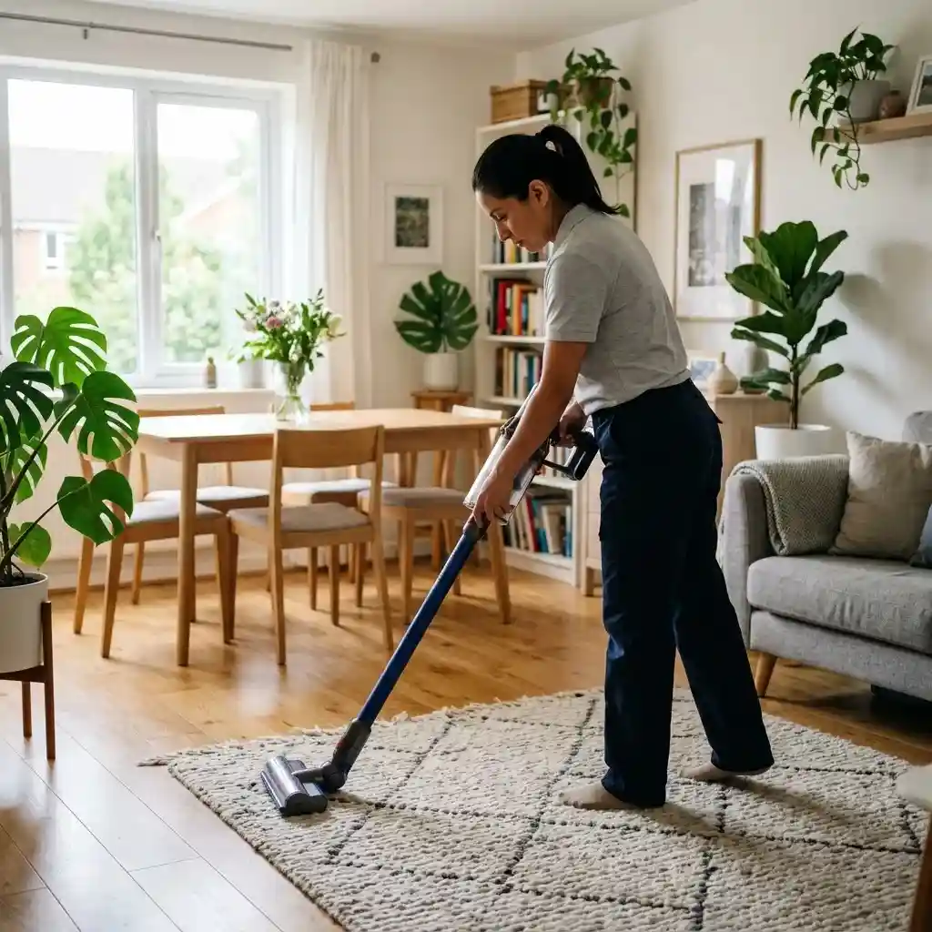 Hourly maid and routine residential cleaning service in Dubai Silicon Oasis with a cleaner vacuuming a home.