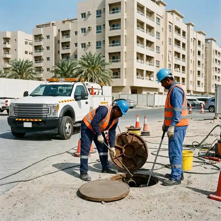 Labour camp and staff accommodation sewage tank cleaning service in Dubai with technicians cleaning underground sewage system using professional equipment.