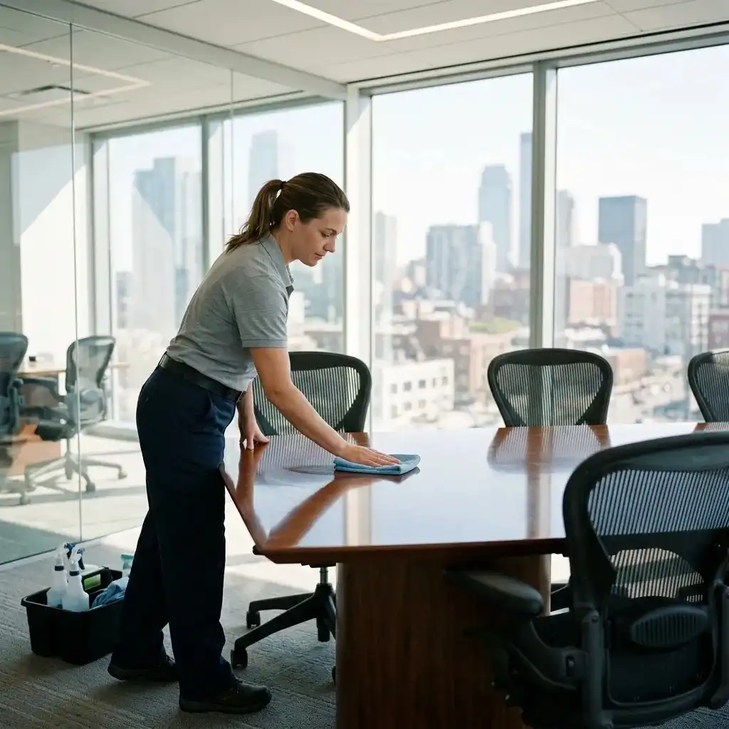 Professional office, retail and commercial cleaning service in Al Ain with a cleaner disinfecting a conference table in a modern office.