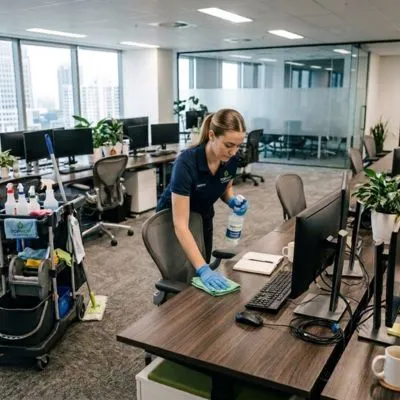 Top Mop Cleaning Services professional cleaning an office workstation and desk in a modern corporate office in Dubai.