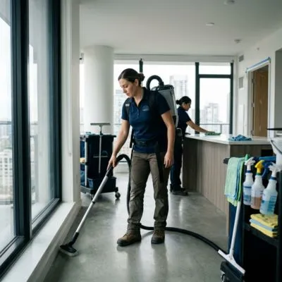 Top Mop Cleaning Services professionals performing post-construction and handover cleaning in a newly completed commercial property in Dubai.