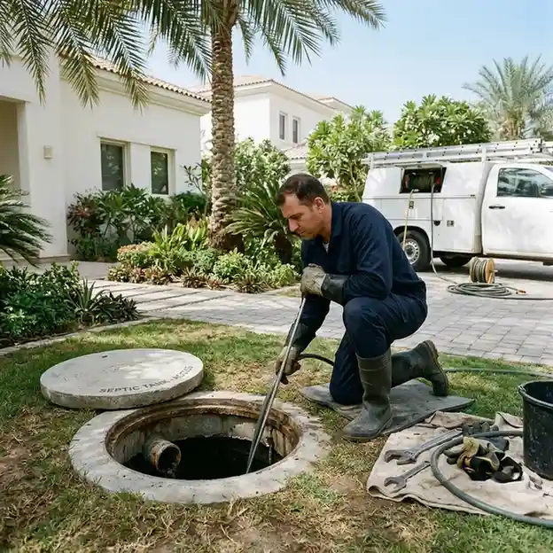 Top Mop Cleaning Services technician inspecting and cleaning a residential sewage and septic tank at a villa in Dubai.