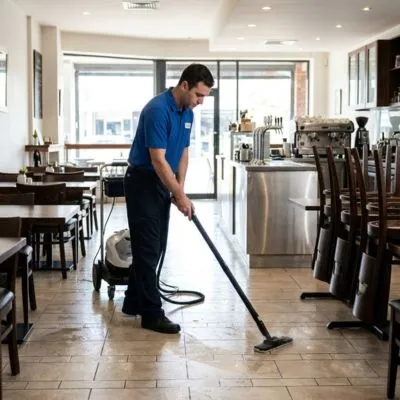 Top Mop Cleaning Services professional performing restaurant and café floor cleaning in a food and beverage outlet in Dubai.