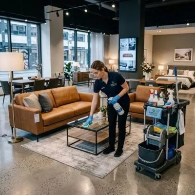 Top Mop Cleaning Services professional cleaning furniture and display areas in a retail showroom in Dubai.