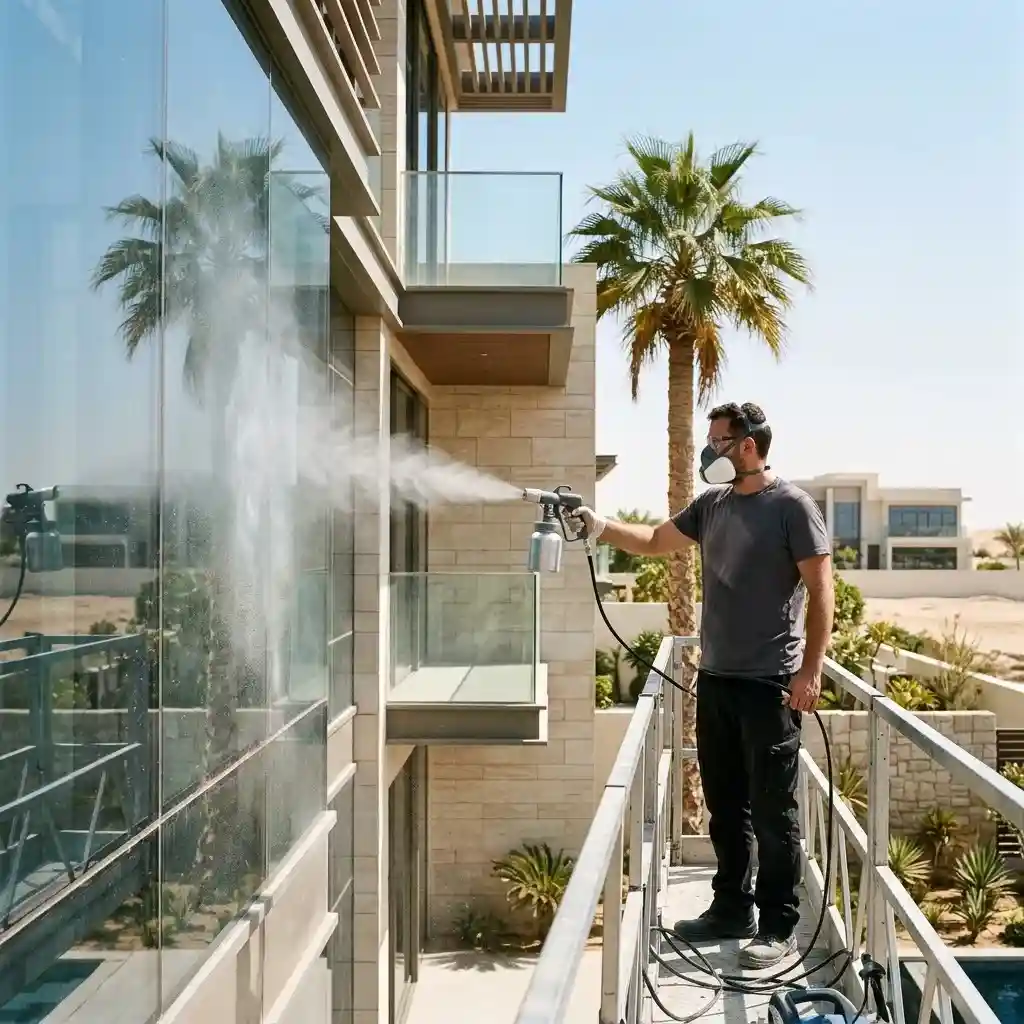 Professional sand, dust and salinity cleaning service for glass exteriors in Abu Dhabi