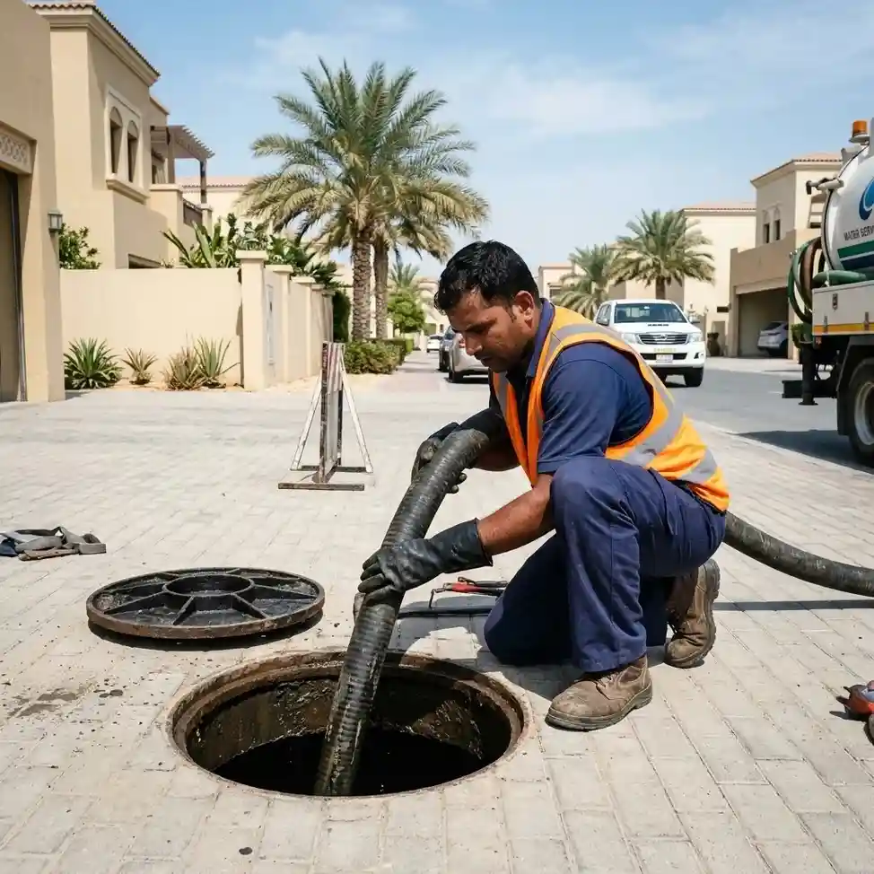 Top Mop Cleaning Services technician performing professional sewage tank cleaning and wastewater removal in Dubai.
