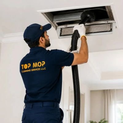Top Mop Cleaning Services technician performing specialized AC duct cleaning at a residential property in Al Reef, Abu Dhabi.