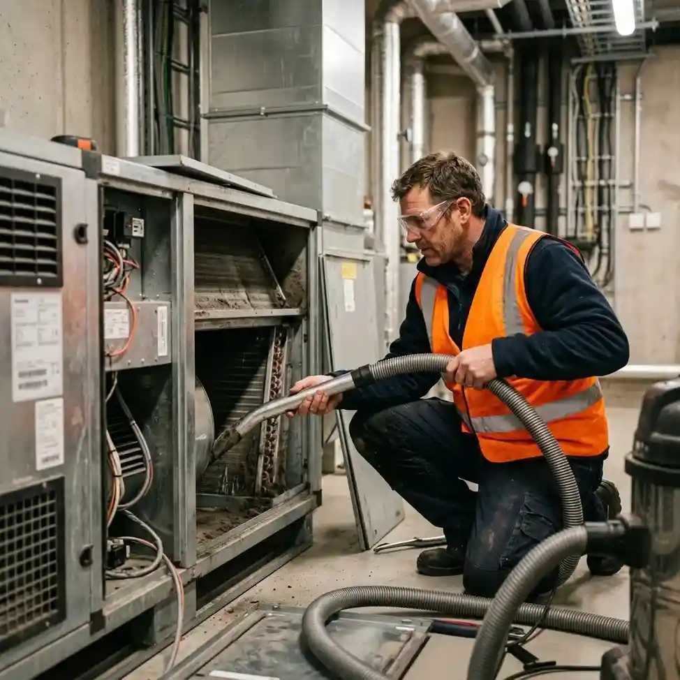 Technician performing specialized HVAC cleaning in Abu Dhabi