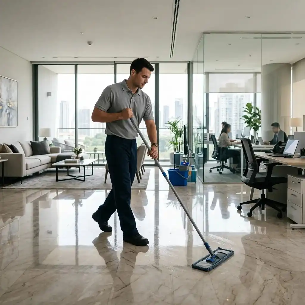Professional villa, apartment, and office cleaning services in Ajman with a cleaner mopping polished floors in a modern property.