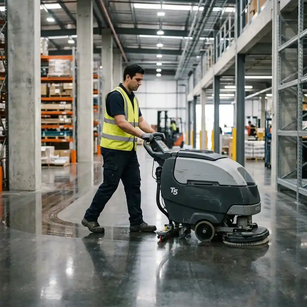 Professional warehouse floor cleaning service in Ras Al Khaimah using an industrial floor scrubber machine to clean commercial and warehouse floors.