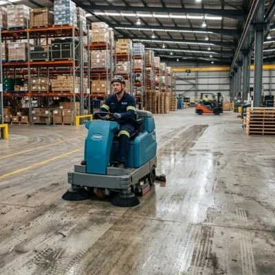 Top Mop Cleaning Services technician operating an industrial floor scrubber to clean a warehouse floor in Dubai.