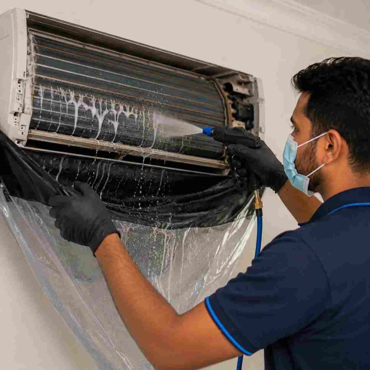 Technician deep cleaning an AC coil in a Dubai home