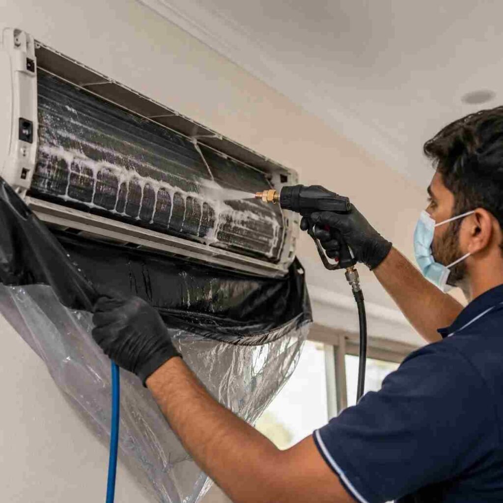 Technician cleaning an evaporator coil inside a split AC unit