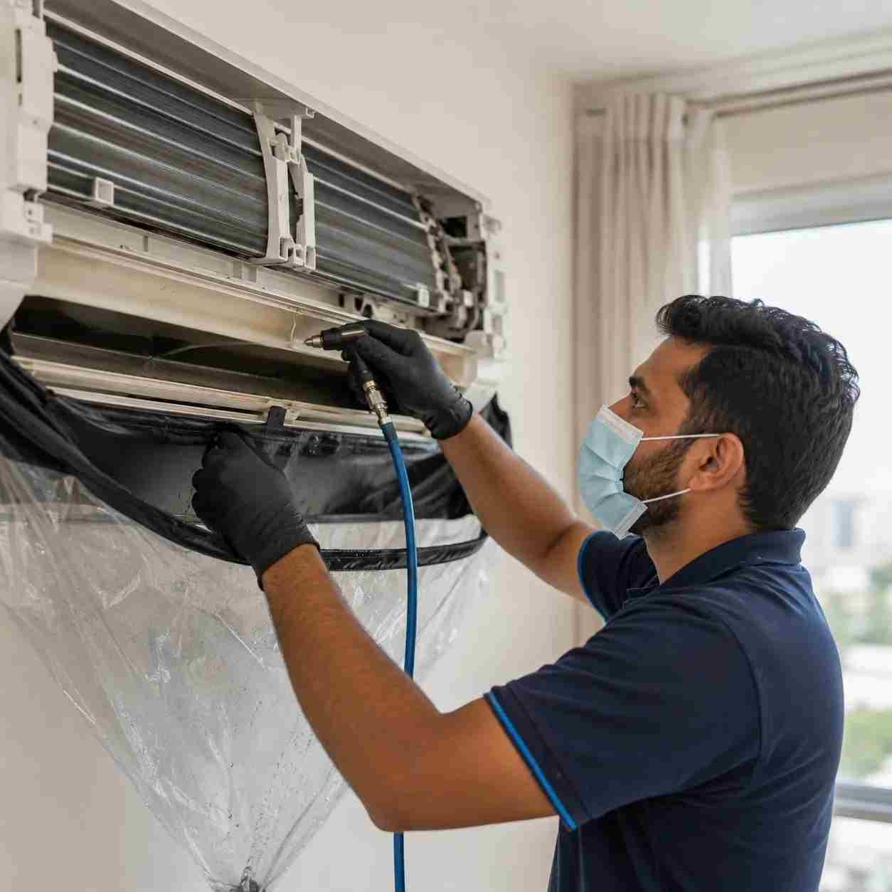 Technician cleaning the drain pan and condensate line of a split AC