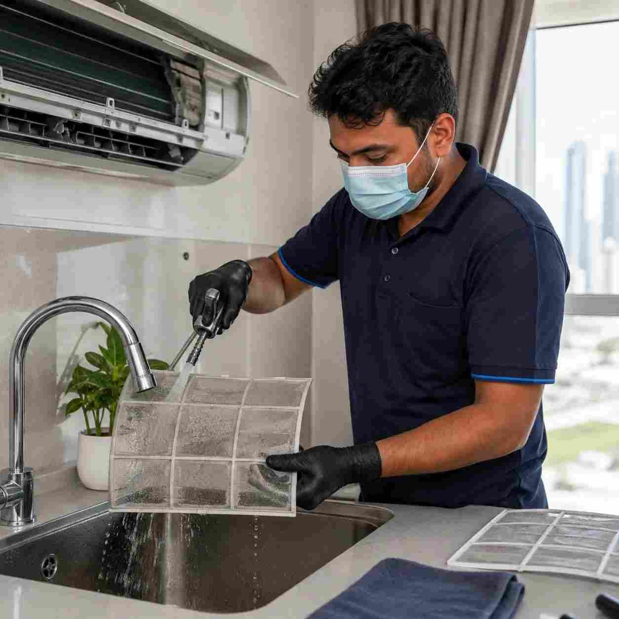 Technician rinsing a dirty washable AC filter in Dubai