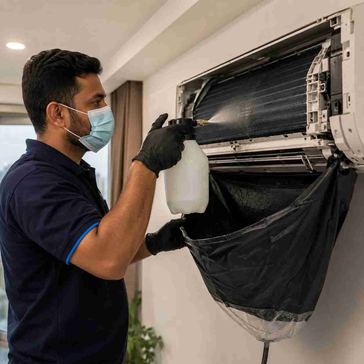 Technician sanitizing mold-prone AC coils in a Dubai home