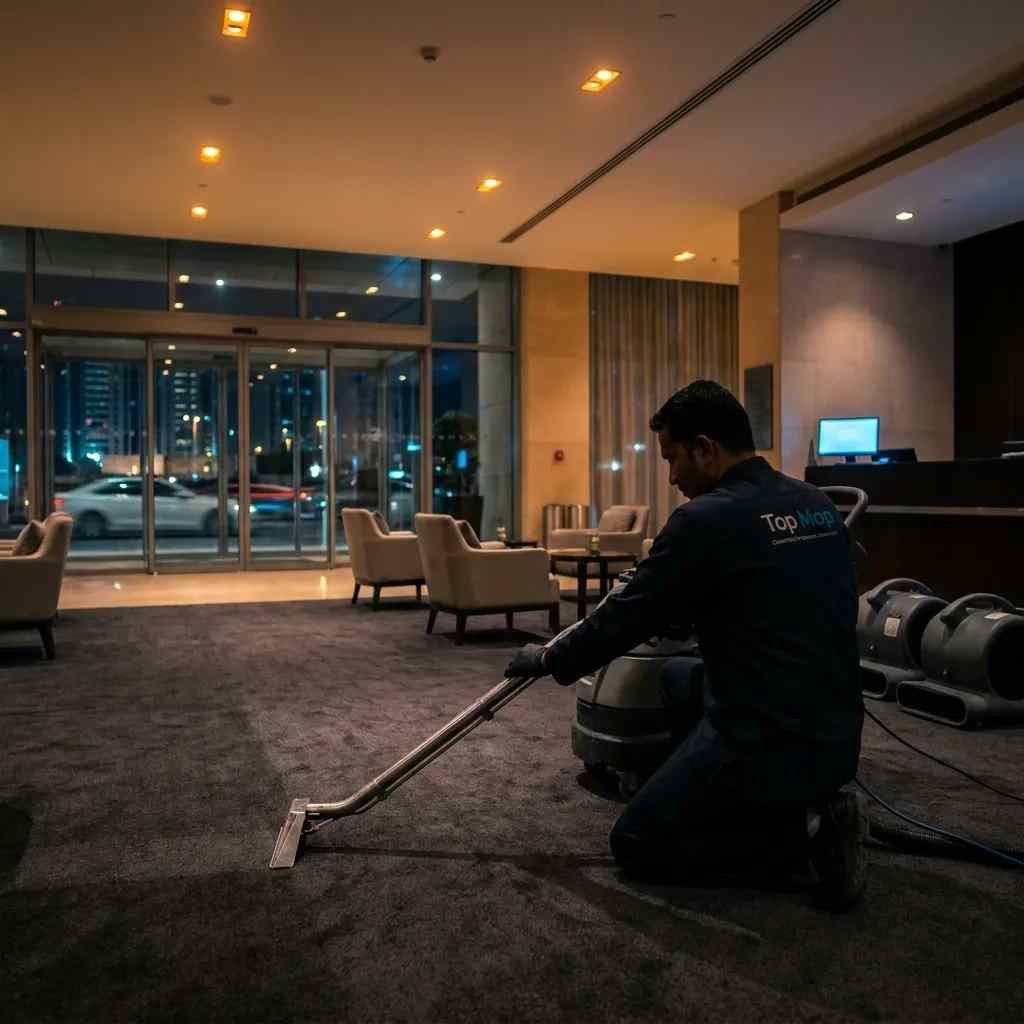A Top Mop technician cleaning a sleek hotel lobby carpet alone at 2 AM in Abu Dhabi, guiding a commercial extractor wand across the deep charcoal entrance carpet with air movers ready nearby
