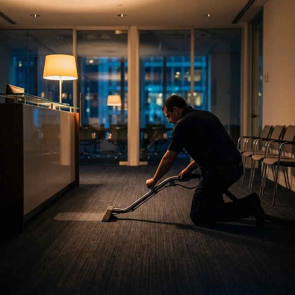A Top Mop technician cleaning a dark commercial reception carpet after hours in a modern Sharjah office, with soft desk lighting and city lights reflecting in the quiet background