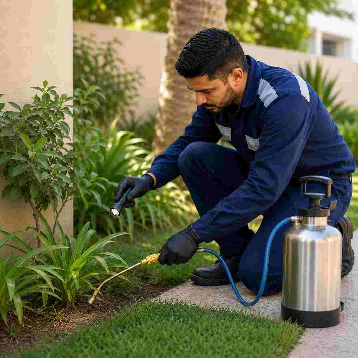 Pest control technician treating garden plants and soil for outdoor pests in Dubai