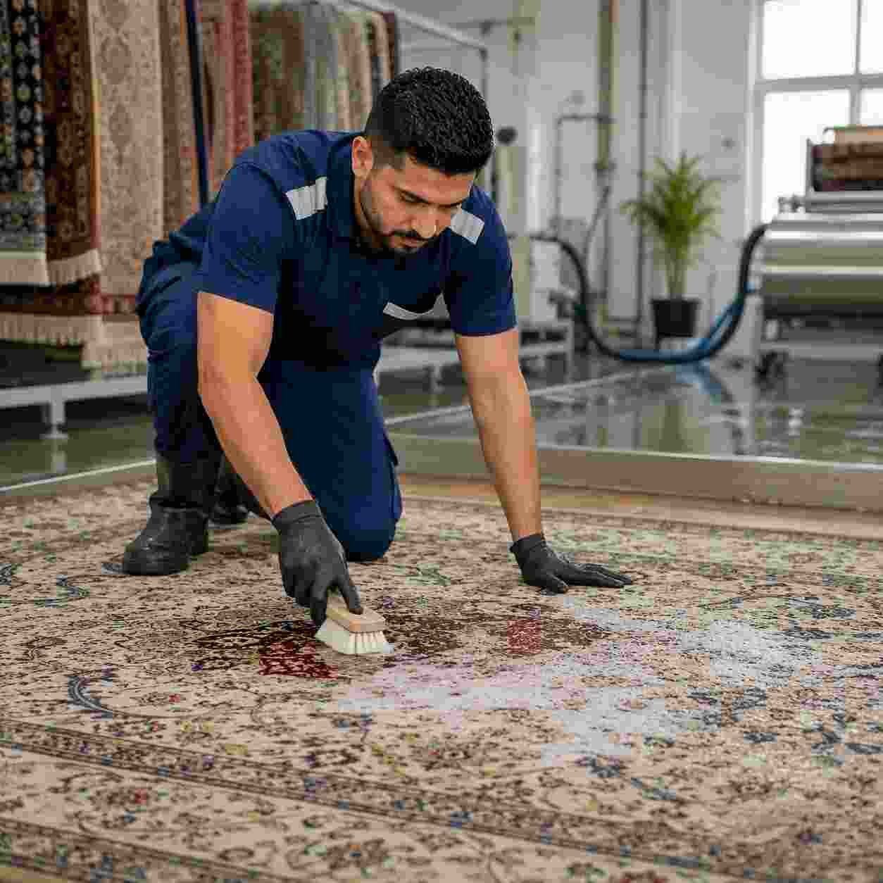 Professional rug cleaner carefully treating an antique Persian rug at a Dubai cleaning facility