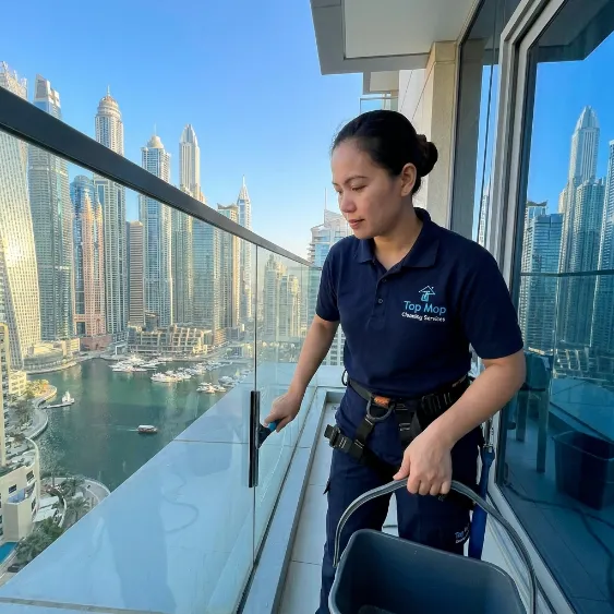 Professional cleaner cleaning glass balcony panels at a Dubai apartment