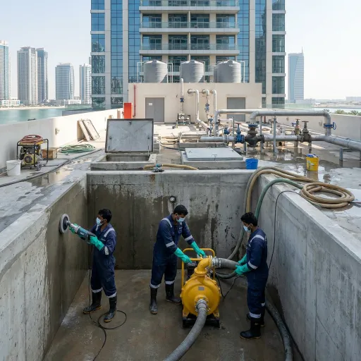 Professional technicians cleaning a large water reservoir at an Abu Dhabi apartment building