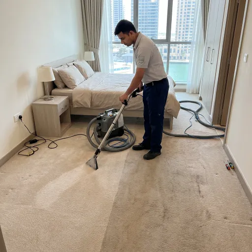 Professional technician cleaning fitted carpet inside a Dubai Marina apartment