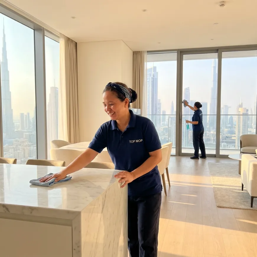Professional cleaners cleaning an empty apartment after tenant move-out in Dubai