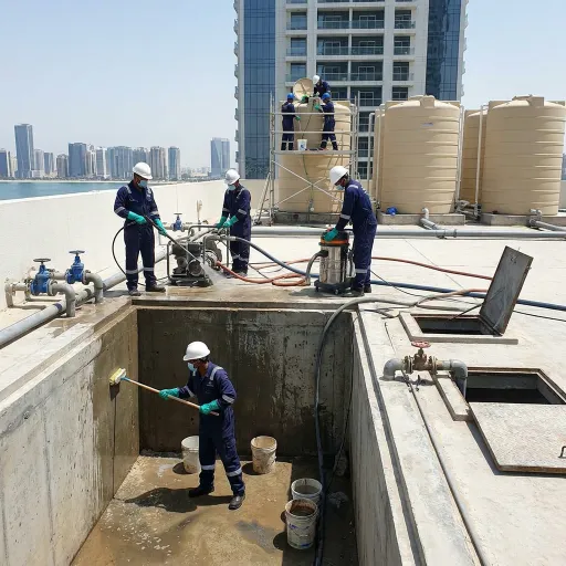 Technicians cleaning an underground reservoir and rooftop tanks at an Al Reem Island apartment building