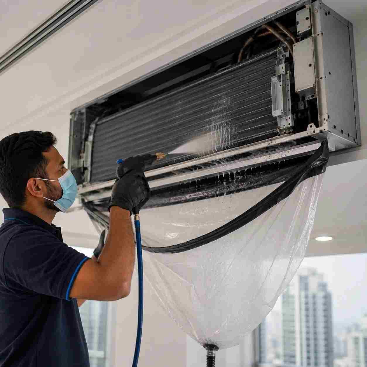 Technician cleaning an exposed FCU coil in a Dubai building